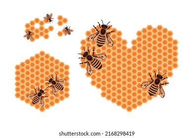 Vector ambientado con abejas y abejas reales. Juego de iconos de Beekeepeng. Combo de miel en forma de corazón aislado en fondo blanco.