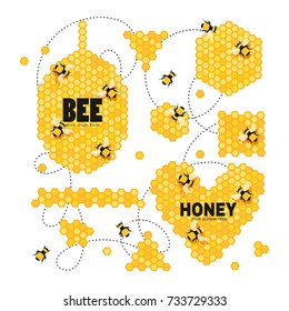 Vector Set With Honeycombs And Bees. Your Logo Here. Honey Collection. 