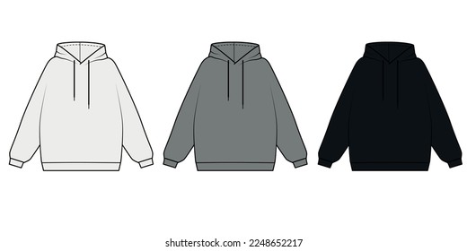 Vector set of hoodie sketches in different colors. Outline drawing of an oversized sports jacket with a hood. Fashion model template of gray sweatshirts with a hood on a white background.
