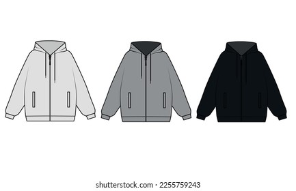 Vector set of hoodies in three colors: white, gray and black. Technical sketch drawing of hoodie with zipper and pockets isolated on white background. Sweatshirt, vector template.