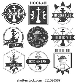 Vector set of hookah badges and stamps. Round and rectangular form, ribbons, sample text. Flat graphic style vector image.