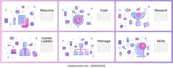 Vector set of Horizon banners concept business, strategy, teamwork, success and growth with elements. Flat design symbols style thin line , icons for layout design.