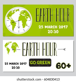 Vector set of horizontal banner templates. Suitable for Earth Day and Earth hour holidays. For poster, greeting cards, brochures, tags and labels, souvenirs, invitations, calendars and party designs.