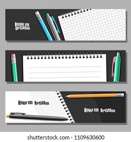 Vector set of horizontal Banners, 3 layouts for website headers with blank checkered note book, pen and pencil, copyspace for advertising text, design templates with dark background for presentation.