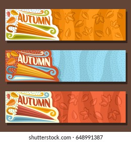 Vector set horizontal banners for Autumn season: 3 layouts with falling leaves background, rain fall template with title text - autumn, flyers with rainfall drops backdrop, umbrella for rainy weather.