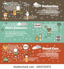 Vector set of horizontal banners with Barbershop, Mens cosmetics and Beard care line art flat style design elements, web templates.