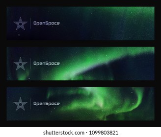 Vector set of horizontal banners with beautiful starry sky and Northern lights. Illustration with aurora borealis. Abstract colorful headers for website