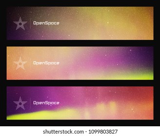 Vector set of horizontal banners with beautiful starry sky and Northern lights. Illustration with aurora borealis. Abstract colorful headers for website