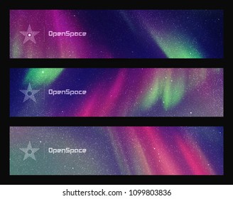 Vector set of horizontal banners with beautiful starry sky and Northern lights. Illustration with aurora borealis. Abstract colorful headers for website