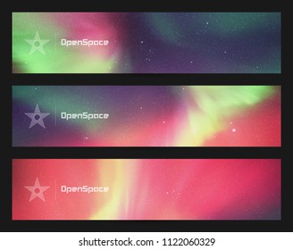 Conjunto vectorial de banderas horizontales con un hermoso cielo estrellado y luces del norte. Ilustración con aurora boreal. Encabezados coloridos abstractos para el sitio web