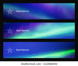 Vector set of horizontal banners with beautiful starry sky and Northern lights. Illustration with aurora borealis. Abstract colorful headers for website