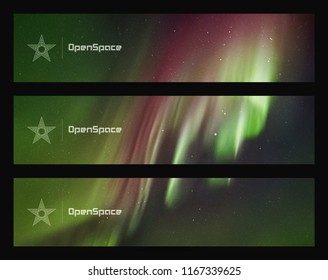 Vector set of horizontal banners with beautiful starry sky and Northern lights. Illustration with aurora borealis. Abstract colorful headers for website