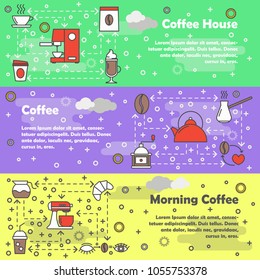 Vector set of horizontal banners with Coffee house, Coffee and Morning coffee line art flat style design elements, web templates.
