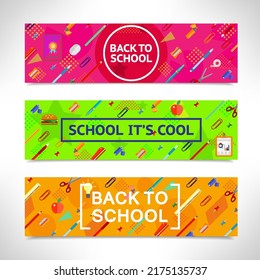 Vector set of horizontal banners - colorful abstract backgrounds with school object and supplies.