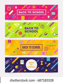 Vector set of horizontal banners - colorful abstract backgrounds with school object and supplies.