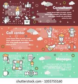 Vector set of horizontal banners with Consultant, Call center and Manager line art flat style design elements, web templates.