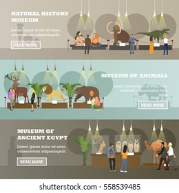 Vector set of horizontal banners with different kinds of museum expositions. Natural history museum, Museum of animals, ancient Egypt design elements in flat style.