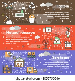 Vector set of horizontal banners with Factory, Natural resources and Storehouse line art flat style design elements, web templates.