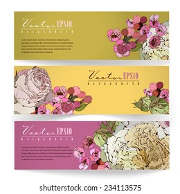 Vector set of horizontal banners with flowers. The illustration contains transparency and effects. EPS10 