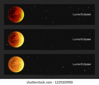 Vector set of horizontal banners with full moon in night starry sky. Space background with Earth Satellite. Cards for design with yellow luminous heavenly body