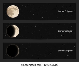 Vector set of horizontal banners with full moon in night starry sky. Space background with Earth Satellite. Cards for design with white luminous heavenly body
