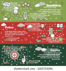 Vector set of horizontal banners with Gambling, Poker and Casino line art flat style design elements, web templates.