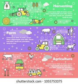 Vector set of horizontal banners with Harvesting, Farm and Agriculture line art flat style design elements, web templates.