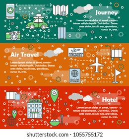 Vector set of horizontal banners with Journey, Air travel and Hotel line art flat style design elements, web templates.