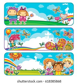 Vector set of horizontal banners, with little children in summer location on playground, in park. Template for advertising brochure, website banners, kids party invitation. Funny cartoon character. 