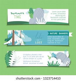 Vector set of horizontal banners. Nature landscapes. Firs, leaves, fields, stones and grass. Flat background with modern noise texture. Copy space for your text.