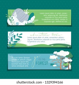 Vector set of horizontal banners. Nature landscapes. Pine, firs, clouds, stones and fields. Flat background with modern stipple texture. Copy space for your text in the sky.