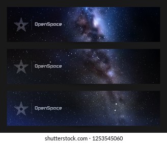 Vector set of horizontal banners with night starry sky and Milky Way. Space dark background with fragment of our galaxy. Abstract colorful headers for website