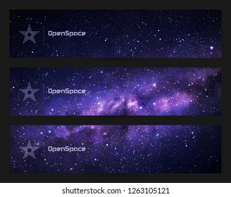 Vector set of horizontal banners with night starry sky and Milky Way. Space dark background with fragment of our galaxy. Abstract colorful headers for website
