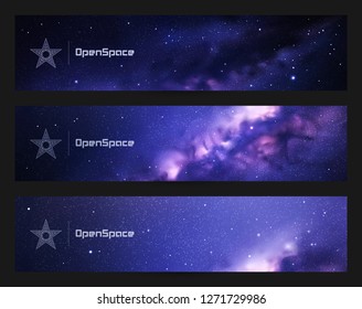 Vector set of horizontal banners with night starry sky and Milky Way. Space dark background with fragment of our galaxy. Abstract colorful headers for website