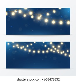 Vector set of horizontal banners with realistic light garlands. Festive background with shiny Christmas lights. Glowing bulbs with effect bokeh.