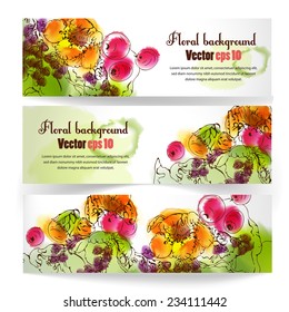 Vector set of horizontal banners with watercolor flowers. The illustration contains transparency and effects. EPS10 
