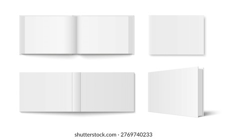 Vector set of horizontal book with white hardcover isolated. Realistic catalog, brochure or booklet mockup opened and closed on white background.