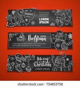 Vector set of horizontal chalk Christmas blackboard banners. Cute chalk snowman, Christmas tree, baubles and sock, swirls, candy cane and Santa hat, snowflakes and stars. Copy space for your text.