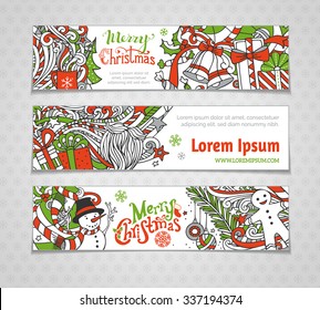 Vector set of horizontal Christmas banners. Christmas tree and baubles, Santa sock, hat and beard, holly berries, snowman, gingerbread man, sweets, stars and cup, snowflakes and hand-written text.