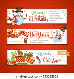 Vector set of horizontal Christmas banners with cute snowmen. Cartoon snowman and gift boxes, firework, Christmas sock, swirls, snowflakes and stars. Snowman is singing. Copy space for your text.