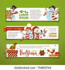 Vector set of horizontal Christmas banners. Cartoon snowmen and birds, gift boxes, Christmas baubles and socks, snowflakes and stars. Merry Christmas! Copy space for your text.