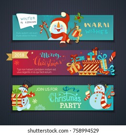 Vector set of horizontal Christmas banners. Cartoon snowmen, gift boxes, Christmas baubles and sock, snowflakes and stars. Winter s coming! Christmas party. Copy space for your text.