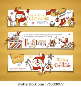 Vector set of horizontal Christmas banners with cute snowmen. Christmas baubles and sock, gift boxes, candy cane, ribbon, snowflakes and stars. Black, red, gold, grey and white colours.