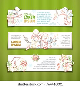Vector set of horizontal Christmas banners with cute snowmen. Cartoon lights, Christmas baubles and sock, birds on branches, skates, snowflakes and stars. Copy space for your text.