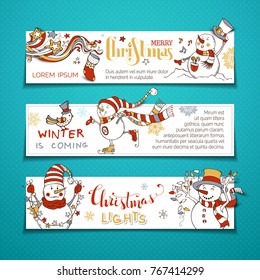 Vector set of horizontal Christmas banners. Cute cartoon snowmen are singing, skating and holding Christmas lights. Christmas sock, swirls, bird, snowflakes and stars. Black, red, gold, white colours.