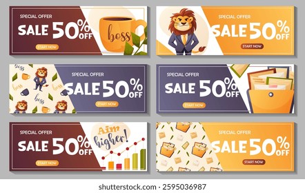 Vector set of horizontal discount banners with a business theme: a lion in a suit, a coffee mug, documents, a growth chart, seamless patterns, and a fifty percent discount.  
