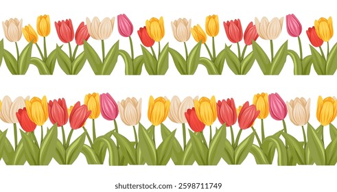 Vector set of horizontal frame of spring colorful tulips isolated from background. Rustic border with flat hand drawn blooming flowers. Floral fence collection