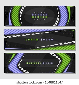 Vector set of horizontal futuristic Banners, 3 layouts for website headers with geometric abstract pattern and copy space for advertising text, design templates with dark background for presentation.