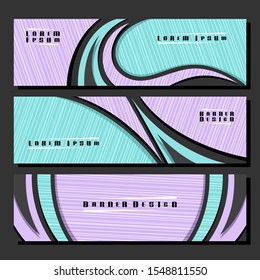 Vector set of horizontal futuristic Banners, 3 layouts for website headers with geometric abstract pattern and copy space for advertising text, design templates with blue background for presentation.