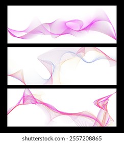 Vector set of horizontal illustrations with the image of multicolored wave lines of energy flow. Abstract sound waves. Curved dynamic pattern for thematic design.